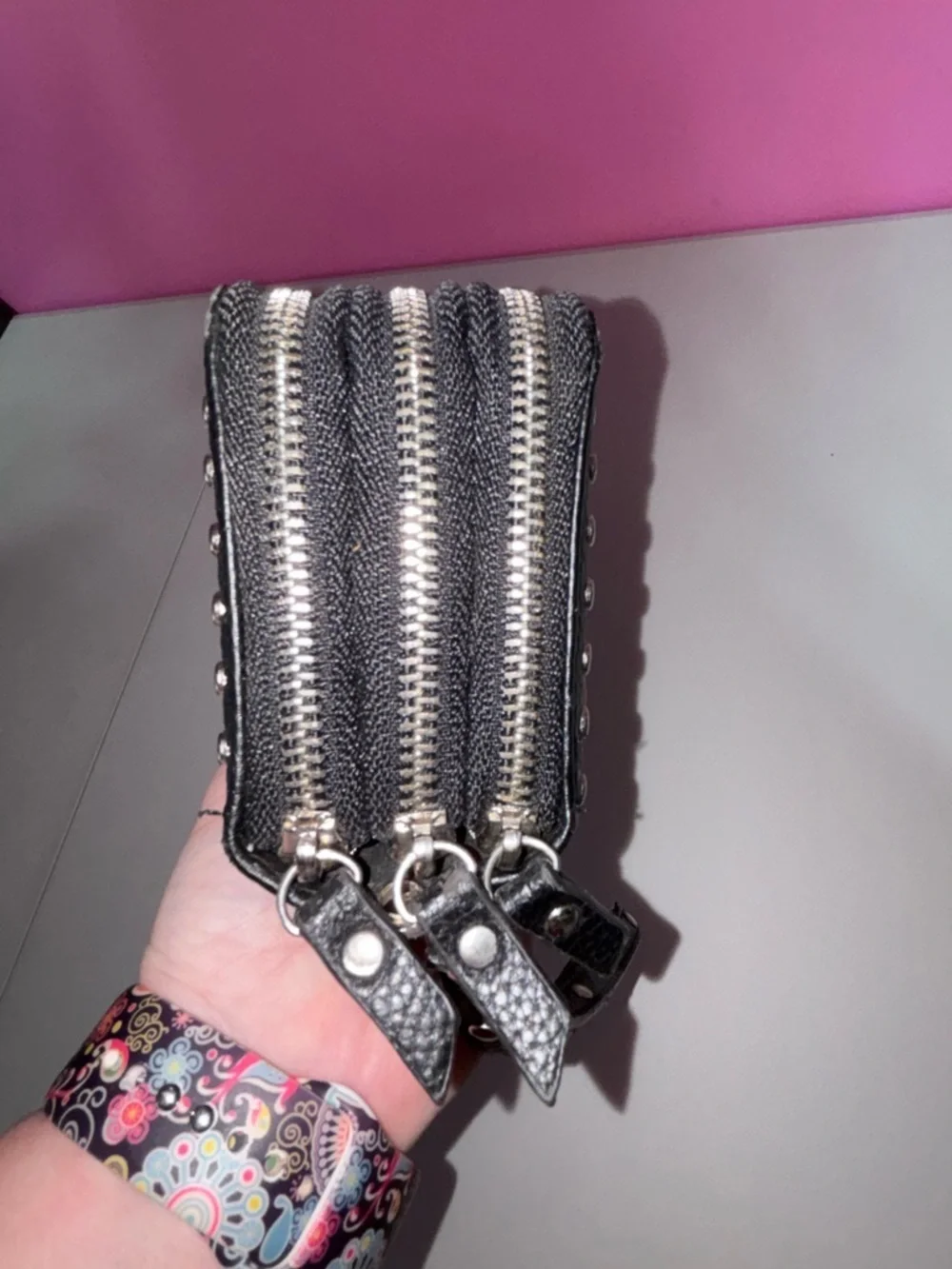Black Floral Stud Zip-Around Wristlet Wallet